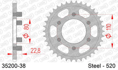 Corona AFAM 35200-38 in acciaio passo 520 APRILIA AF1 125 EUROPA 1990  -1994  