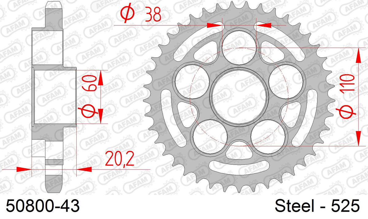 Corona AFAM 50800-43 in acciaio passo 525 DUCATI 939 HYPERMOTARD 2016  -2019  