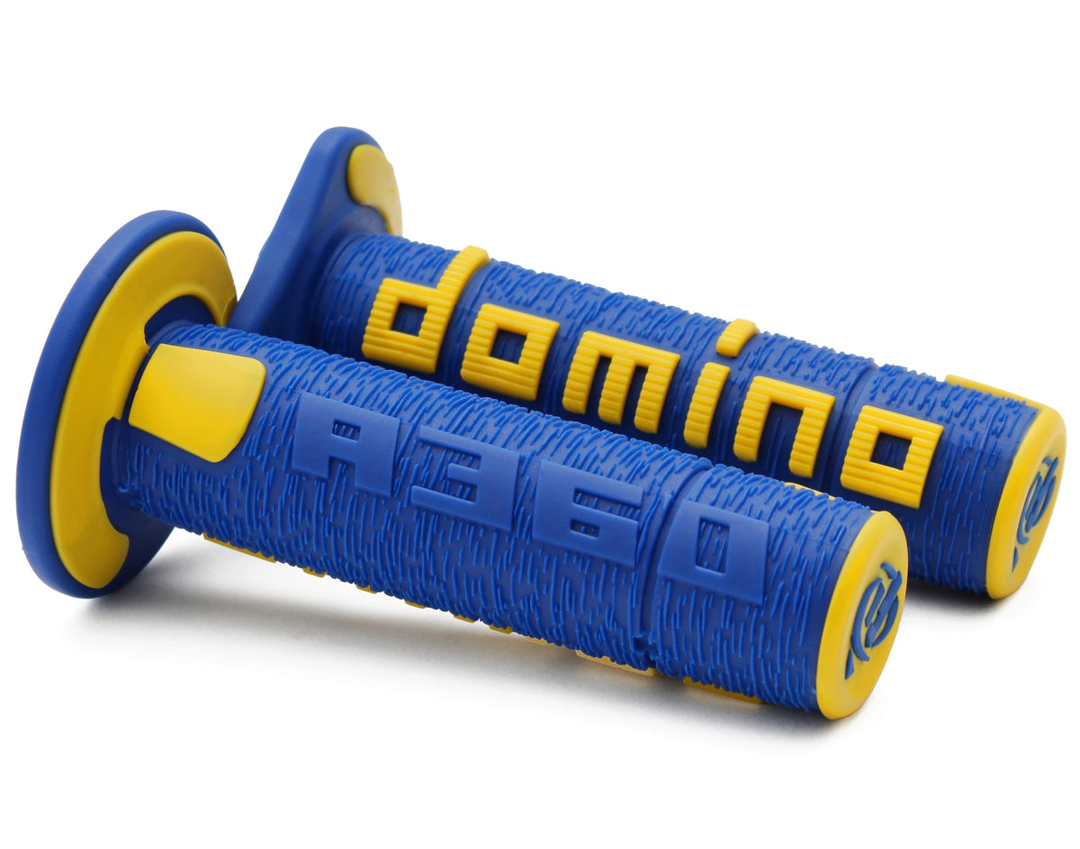 DOMINO Coppia manopole Off Road A360 120mm/123mm Blu-Giallo, terminale chiuso