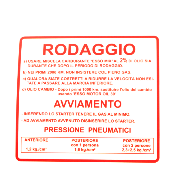 Adesivo rodaggio RMS Classic Piaggio Vespa 50-90-125cc 610170M002