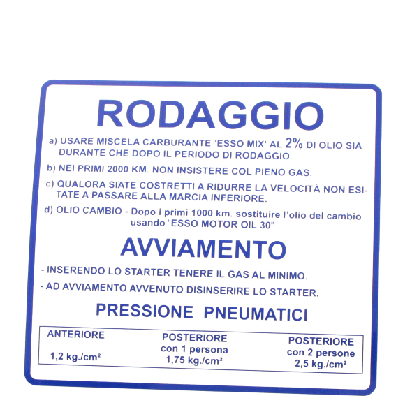 Adesivo rodaggio RMS Classic Piaggio Vespa Rally 180-200cc 610170M001