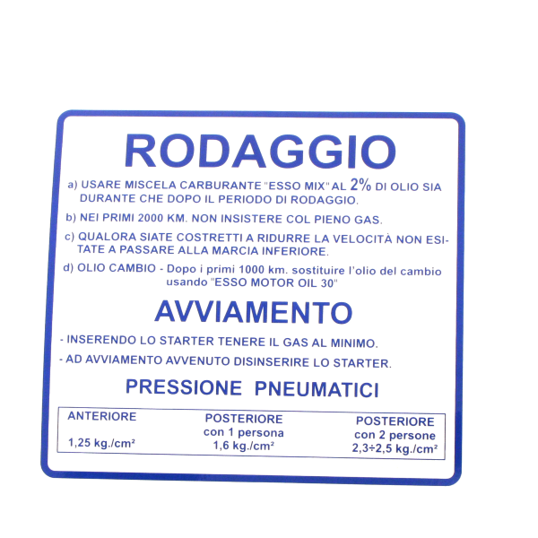 Adesivo rodaggio RMS Classic Piaggio Vespa 50-90-125cc 610170M003