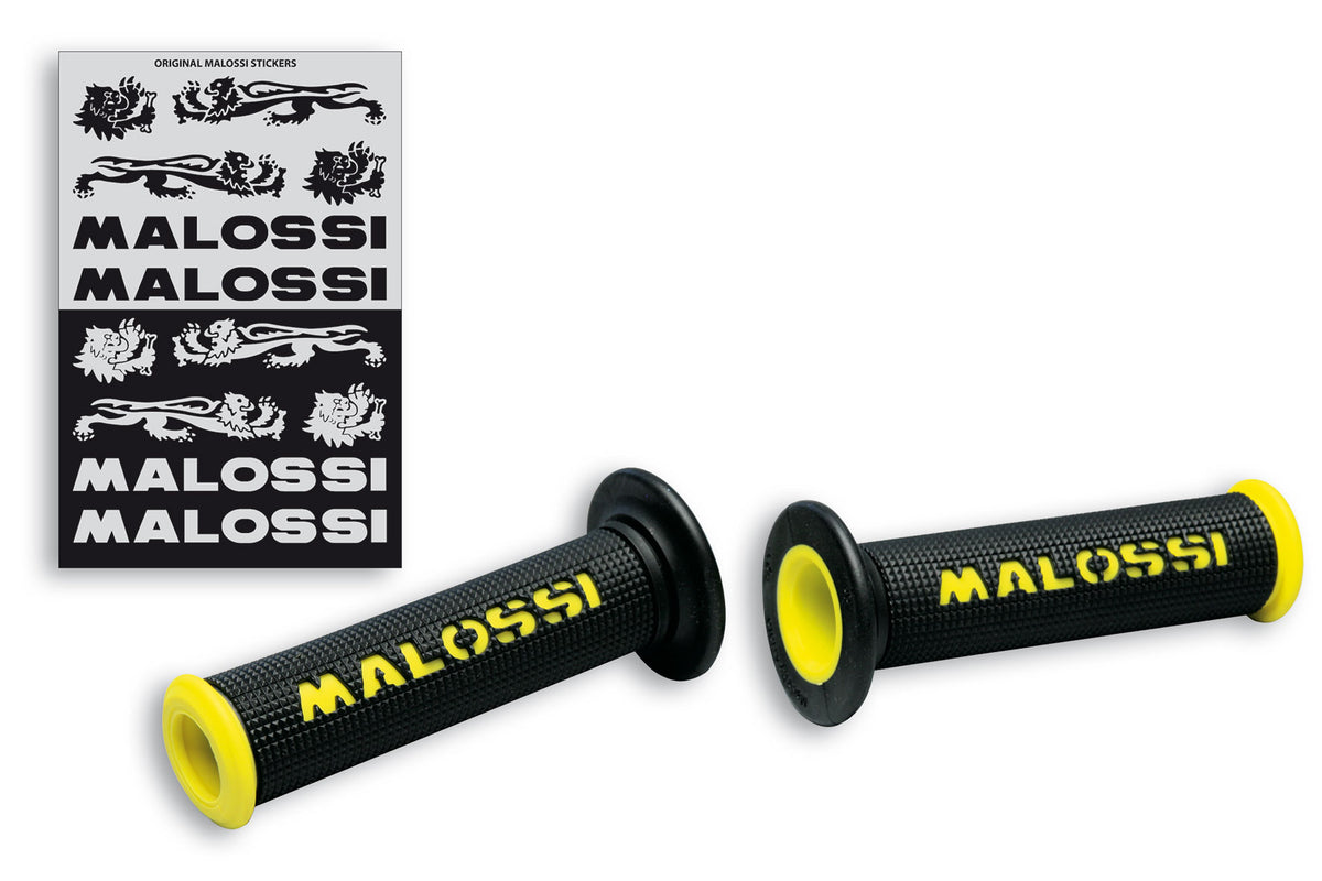 MALOSSI 2 MANOPOLE NERE con logo Malossi GIALLO (mod. senza chiusura a lato)